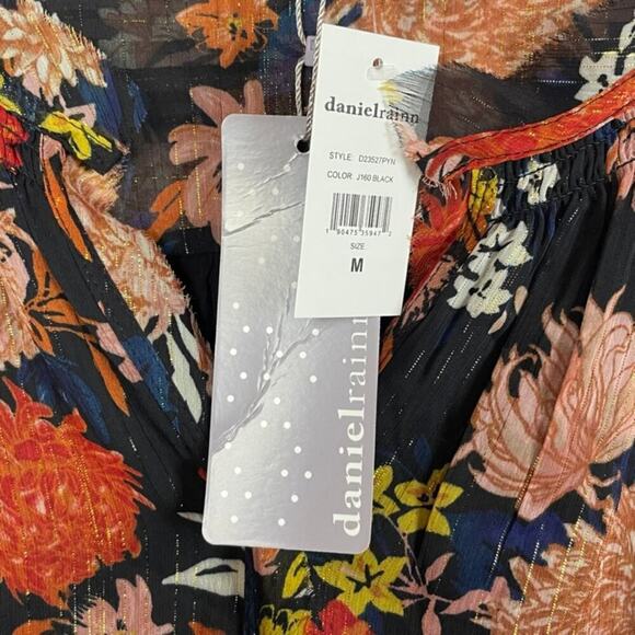 NWT Daniel Rainn Long Sleeve Pleated Top Sz M Black Floral Metallic Stripes - Picture 4 of 7